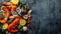 A close up of a seafood platter with shrimp, clams and mussels, AI