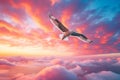 Close-up of a seagull flying high in orange and pink sunset sky. Generative AI