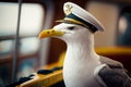 Close up of seagull wearing captain's hat on boat. Generative AI