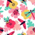 Close-up seamless pattern with insects - butterfly, bumblebee, dragonfly, ladybug and floral motifs Royalty Free Stock Photo