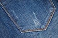 Close up of the seams and patches of the back pocket of new, dark blue female jeans Royalty Free Stock Photo