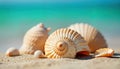 Close-up seashells on beach sand with turquoise background. Beautiful shells show delicate patterns, textures. Summer vacation. Royalty Free Stock Photo