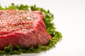 Close Up Seasoned Raw Steak on Green Leaf Lettuce Royalty Free Stock Photo