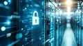 A close-up of a secure data center with digital locks symbolizing cybersecurity and data protection in a modern environment