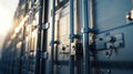 Close-up of secure locking mechanisms on cargo containers at sunset