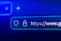 Close-up of a secure web browser address bar with HTTPS protocol, padlock icon, and shield symbol, representing internet Royalty Free Stock Photo