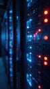 Close up of secured server room, blinking lights, protection, network, secure