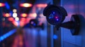 A close-up of a security camera with blurred lights in the background, emphasizing surveillance Royalty Free Stock Photo