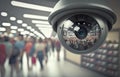 Close-up of a security camera monitoring of a busy shopping center. Generative AI illustration