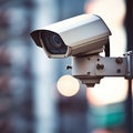 A close up of a security camera mounted on the side of building, AI Royalty Free Stock Photo