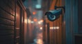 Close-up of a security camera peering down an empty, dimly lit alley. Generative AI illustration