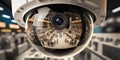 Close-up of a security camera`s lens reflecting panorama of supermarket. Generative AI illustration