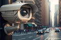 Close-up of a security camera surveilling a busy modern city street. Generative AI illustration