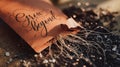 Close-up of a seed packet with the text Grow Beyond surrounded by soil and sprouting roots, symbolizing growth and potential Royalty Free Stock Photo