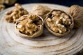 Close up at seed of Walnut Favorite for snack and very delicious.Have a lot of omega 3 for brain.Healthy food concept. on wood bac Royalty Free Stock Photo