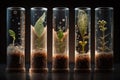 close-up of seeds germinating in test tubes with various backgrounds