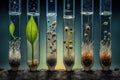 close-up of seeds germinating in test tubes with various backgrounds