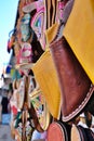 Close up of a selection of handmade babouche slippers on sale, Morocco