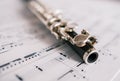Close up of wooden flute on sheet music Royalty Free Stock Photo