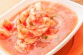 Close up of selective focus in a delicious shrimps of Ecuadorian food: shrimp cebiche in a blurred background