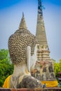 Close up of selective focus of the head of ancient Buddha Statue at WAT YAI CHAI MONGKOL, The Historic City of Ayutthaya