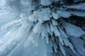 Selective focus icicle in frozen cave roof