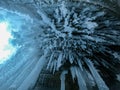 Selective focus icicle in frozen cave roof in Russia