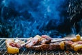 close up and selective focus Raw fresh juicy Meat beef sliced BBQ barbecue grilling on rack charcoal stove with salt smoke Royalty Free Stock Photo