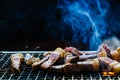 close up and selective focus Raw fresh juicy Meat beef sliced BBQ barbecue grilling on rack charcoal stove with smoke and fire Royalty Free Stock Photo