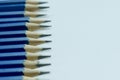 Close up and selective focus row of blue pencils on white background. Royalty Free Stock Photo