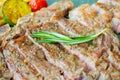 Close up and selective focus shot of beef tender steak with medium rare cooking with juicy fat, grilled and seasoning with spice, Royalty Free Stock Photo