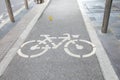 Close up and selective focus shot of bicycle lane on concrete pavement of the morning urban city in the autumn sunny day with