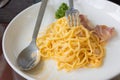 Close up and selective focus shot of creamy spaghetti carbonara with grilled bacon is eating with spoon and folk in white plate Royalty Free Stock Photo