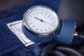 Close up of selective focus of tensiometer over a metallic table, medical concept