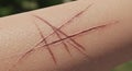 Self-harm scars on arm forming an A shape, close-up Royalty Free Stock Photo