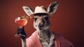 Close-up selfie portrait of a comical kangaroo with a cocktail