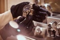 Close-up of the seller`s hands in gloves shows the exclusive men`s watch from the new collection Royalty Free Stock Photo