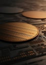Close-up of semiconductor wafers on a circuit board background