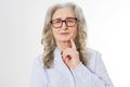 Close up Senior business woman with stylish glasses and wrinkle face isolated on white background. Mature healthy lady. Copy space Royalty Free Stock Photo