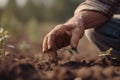 Close up of senior farmer planting seedlings in the garden, selective focus, Closeup of a farmers hands planting tree, AI