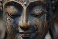 Tranquil close-up of a weathered buddha statue's face, showing intricate textures