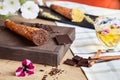 Close up on served chocolate cannoli. Italian cuisine pastry. traditional italian dessert with ricotta cheese. Selective focus. Royalty Free Stock Photo