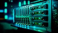 Close up of server in dark room. Generative AI Royalty Free Stock Photo