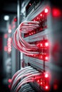 Close-up of server rack with blinking red lights and connected network cables Royalty Free Stock Photo