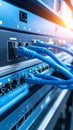 Close-up of server rack with blue network cables and data transfer equipment Royalty Free Stock Photo