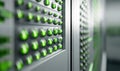 A close-up of a server rack in a data center shows green lights indicating operational activity. Royalty Free Stock Photo