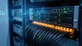 Close-up of server rack with glowing lights and network cables in a data center Royalty Free Stock Photo