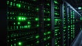 Close-up server rack glowing with vibrant green lights. Dark tech room filled with computer equipment. Powerful data center