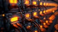 Server Room Data Center Showing Multiple Cables and Blinking Lights in Warm Tone Royalty Free Stock Photo