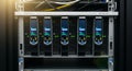 Close-up of a server rack with multiple hard drive units displaying screens in a data center Royalty Free Stock Photo